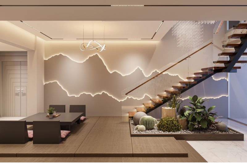 Modern interior with a floating staircase, sleek lighting design, and a minimalist Zen garden, featuring cacti and natural decor elements.