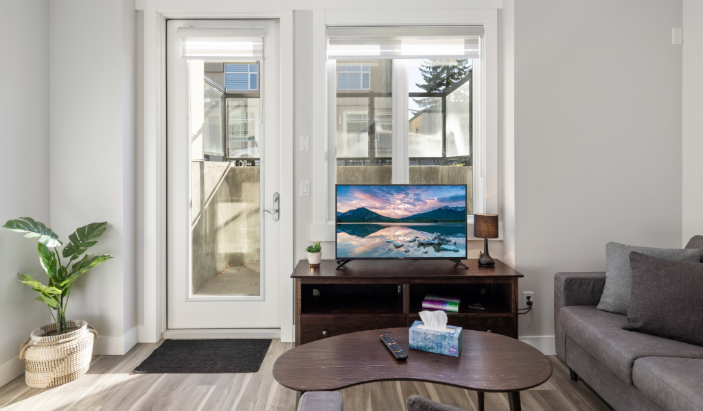Modern living room featuring a TV, a small table, gray sofa, and a door to the patio, with a potted plant adding greenery.